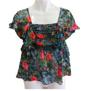 Tracy Reese Blouse Women's M Dark Floral Linen Blend Illusion Flutter Spring Top